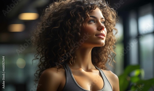 Happy Young Woman with Beautiful Curly Hair in Contemplation