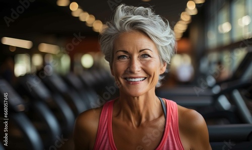 Cheerful Woman with Muscular Build Smiling Indoors photo