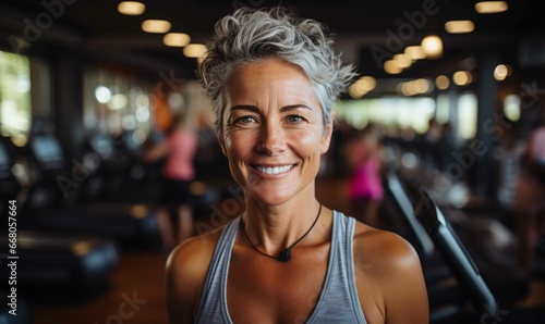 Joyful Woman with Gray Hair Smiling and Exercising, Close-up Portrait