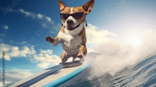 With a blue sky and white clouds, a happy dog wears sunglasses while surfing on a surfboard photo