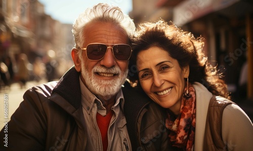 Feliz pareja disfrutando de la vida de la ciudad en un alegre entorno urbano
