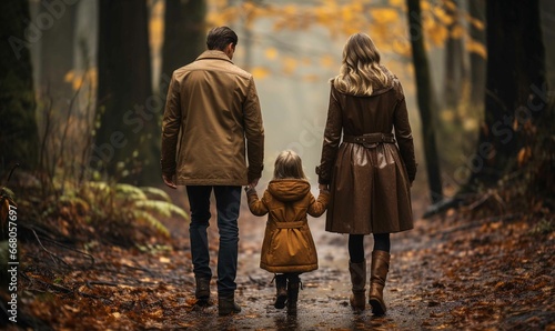 Family walking in woods on autumn afternoon