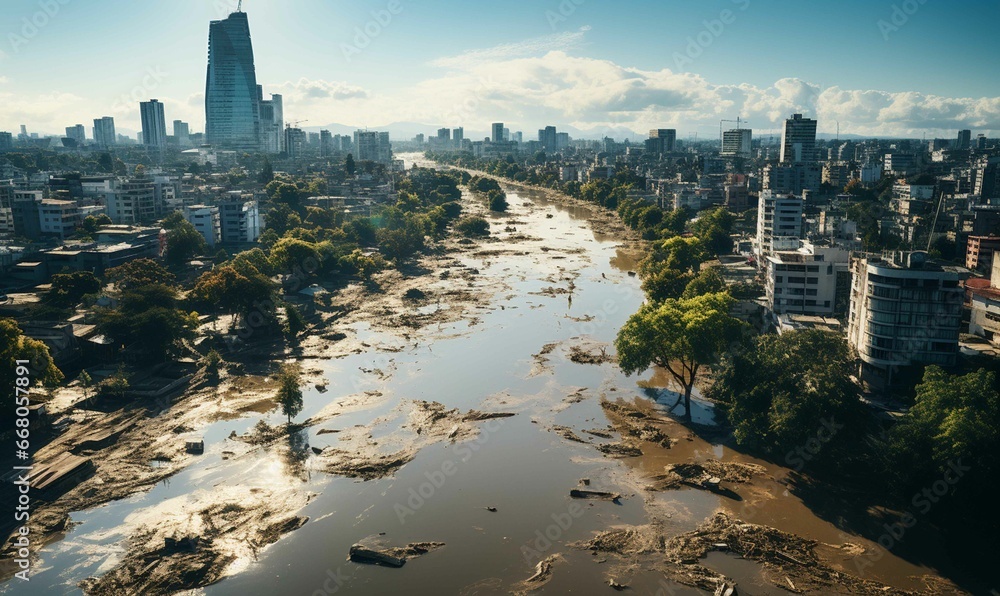 Aerial shot of city devastated by overflowing river water