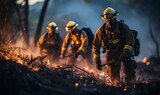 Group of firefighters extinguishing fire on mountain. Concept: Consequences of climate change