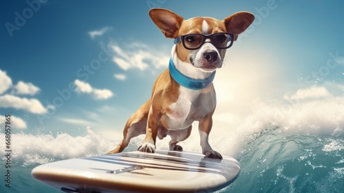 With a blue sky and white clouds, a happy dog wears sunglasses while surfing on a surfboard © ND STOCK