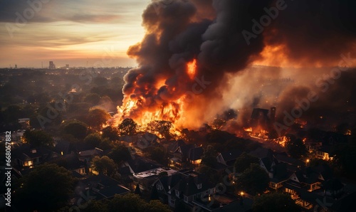 Aerial view of fire in city, natural catastrophe, climate change.