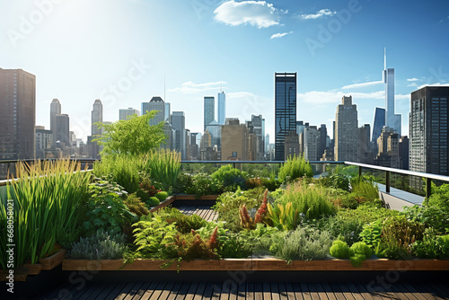 Urban green roof garden overlooking the city skyline
