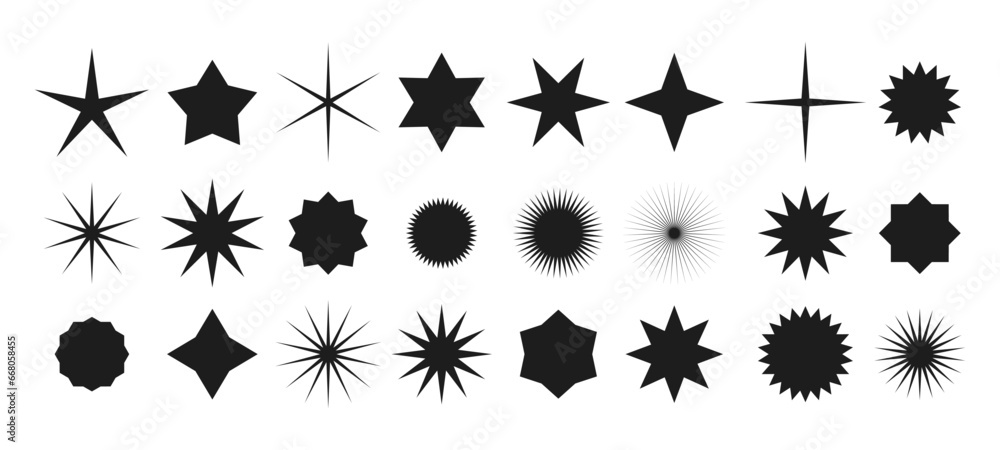 Set of star shapes. Star icons isolated on a white background. Sparkle star icons set. Rating star signs collection in flat style Set of star shapes. Star icons isolated on a white background. Sparkle star icons set. Rating star signs collection in flat style