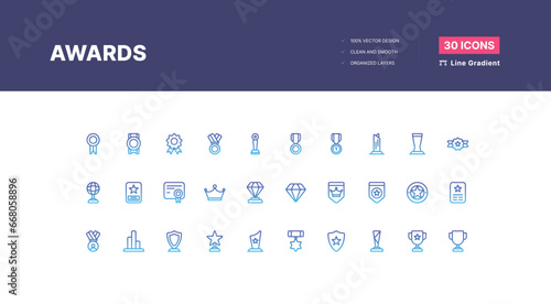 Reward and Badges Icons Pack. Set of premium award icons - Line Gradient