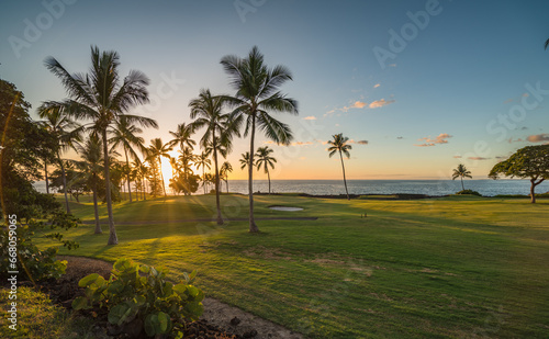 Sunset on geen no. 14 on Kona Country Club golf course, Hawaii Island, USA