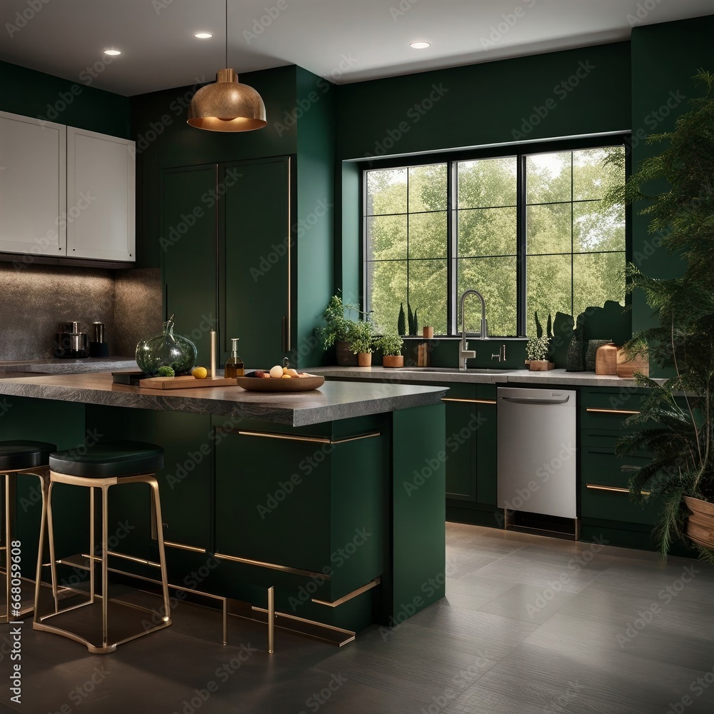 Luxury kitchen room corner design with dark green wall, Generative AI ...