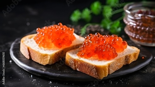 Slices of bread with red caviar on dark background.