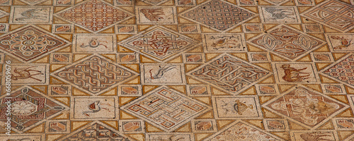 Roman City of Gerasa (Jerash, Jordan) is ancient city with 6.5 thousand years old. Ruins of Christian church of Saints Cosmas and Damian, built in 533 AD. Remains of mosaic floor of those years.