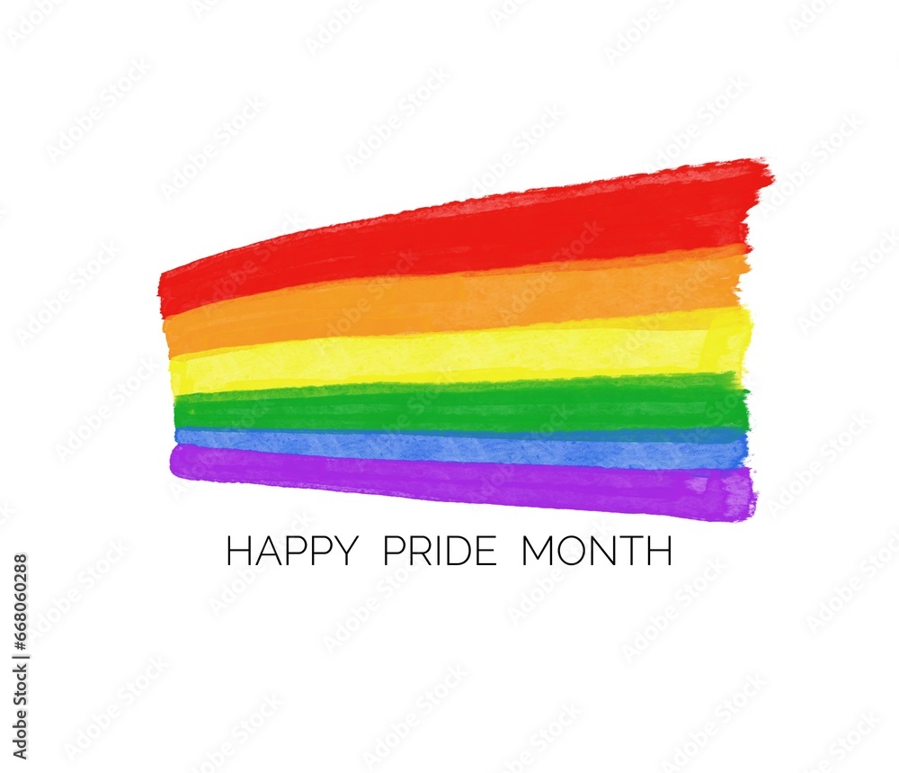 Fototapeta premium Colorful rainbow colors strips and text Happy Pride Month. Concept, symbol of LGBT community celebration around the world in June. Support human right of gender diversity.