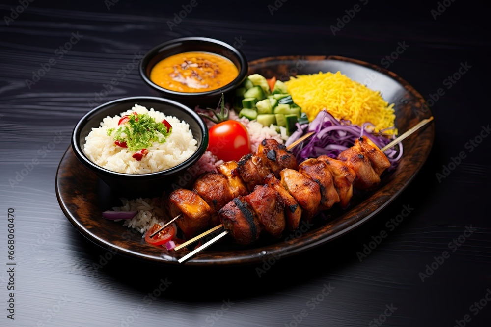 Rice and chicken skewers with condiments on a plate in a restaurant Rice and chicken skewers with condiments on a plate in a restaurant