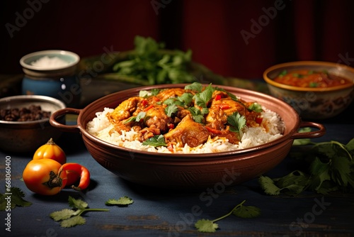 Chicken curry with rice and herbs