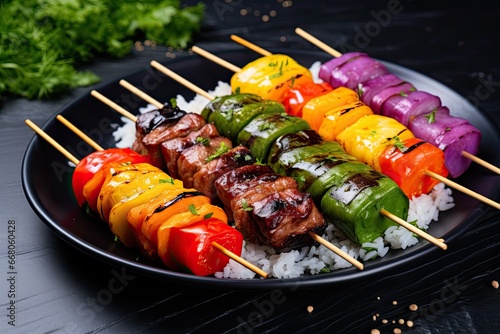 Grilled kabob with rice on a plate photo