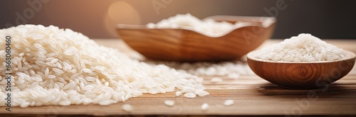 Pure rice grain in wooden plate and rice on the table photo