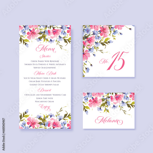 Watercolor floral rustic wedding menu, table and escort cards with vintage wild flowers illustration.
