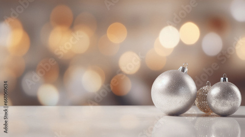 Christmas baubles on bokeh background. Copy space.