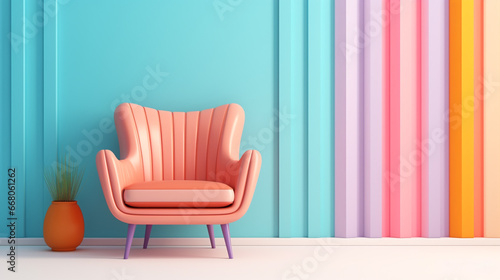 Abstract minimal concept. Pastel multi colour vibrant groovy retro striped background wall frame with bright armchair decor. Mock up template for product presentation. 3D rendering. copy text space