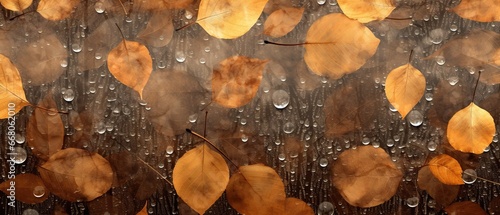 Colorful autumn leaves covered in sparkling water droplets on a dewy forest floor, a beautiful sight of nature. photo