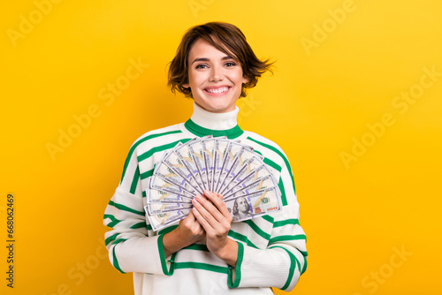 Portrait of pretty cheerful lady toothy smile hands hold dollar banknotes bills isolated on yellow color background