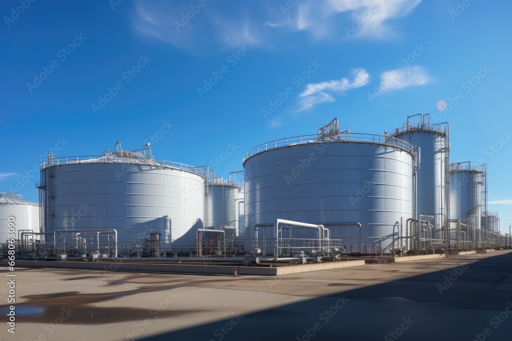 Tank farm with rows of oil storage tanks.