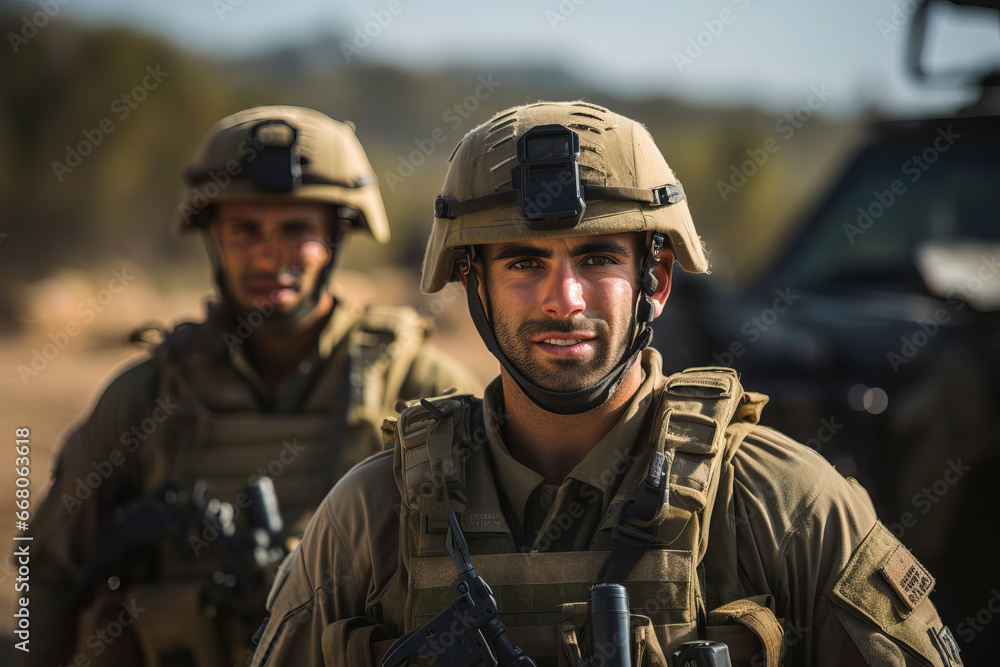 Smiling Israeli soldiers in combat gear against the background of military equipment