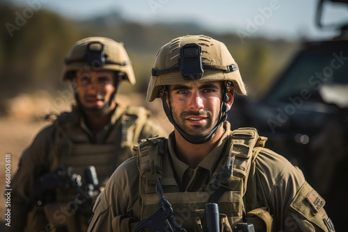 Obraz na płótnie Smiling Israeli soldiers in combat gear against the background of military equipment w salonie