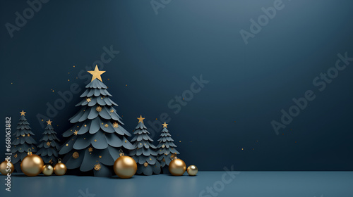 Christmas monochrome dark blue color greeting with paper origami design of Christmas trees with golden decorative elements and copy space. Merry Christmas and Happy New Year greeting card.