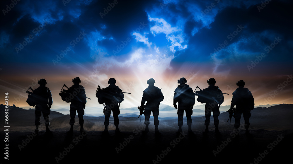 Eight military silhouettes against the background of a sunset sky in blue and the rays of the sun with copy space. Military service concept