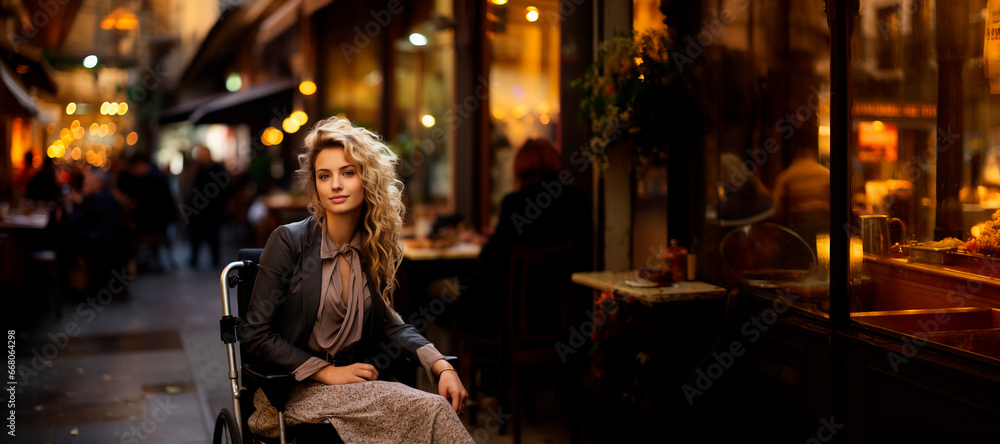 A beautiful young woman in a wheelchair sitting outside of a restaurant in the middle of the street.