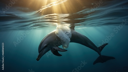dolphin and plastic bags in Ocean  worldwide ocean pollution