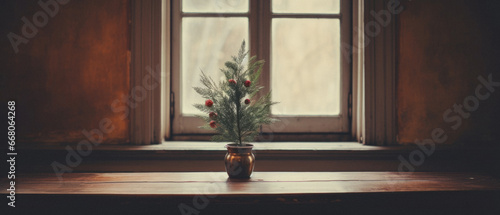 Christmas tree in a vase on the windowsill. Christmas concept.