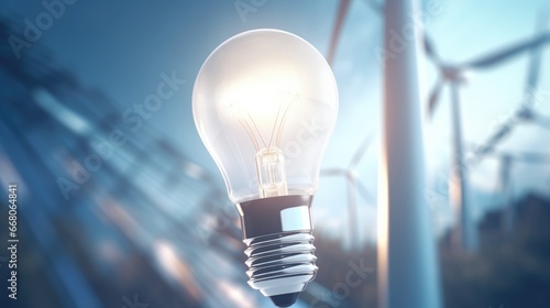 A close-up of a light bulb with wind turbines in the background.