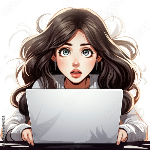 Confused Woman Working LaptopIcon ,Cartoon Illustration, For Printing