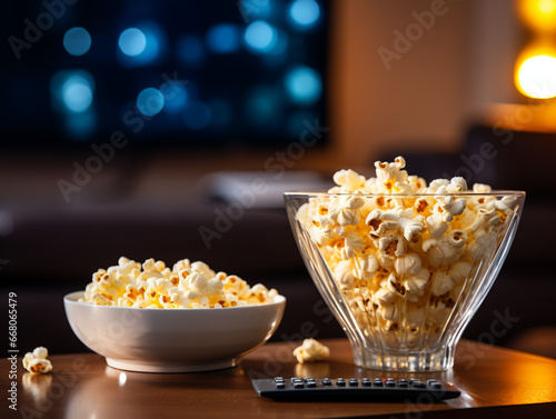 Bowl of Popcorn and remote control in the background the TV. Evening cozy watching a movie or TV series at home
