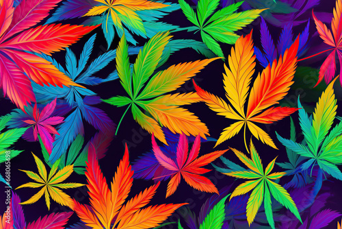 seamless pattern texture background with a colorful bright cannabis marijuana leaves