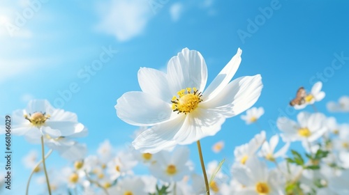 Detail with shallow focus of white anemone flower with yellow stamens and butterfly in nature macro on background of blue sky with beautiful bokeh Delicate artistic image of beauty of nature