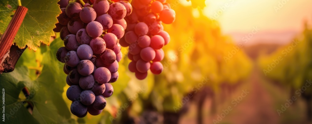 Fototapeta premium Wine grapes covered with snow on snowy vineyard after cold autumn season, panorama. Generative Ai