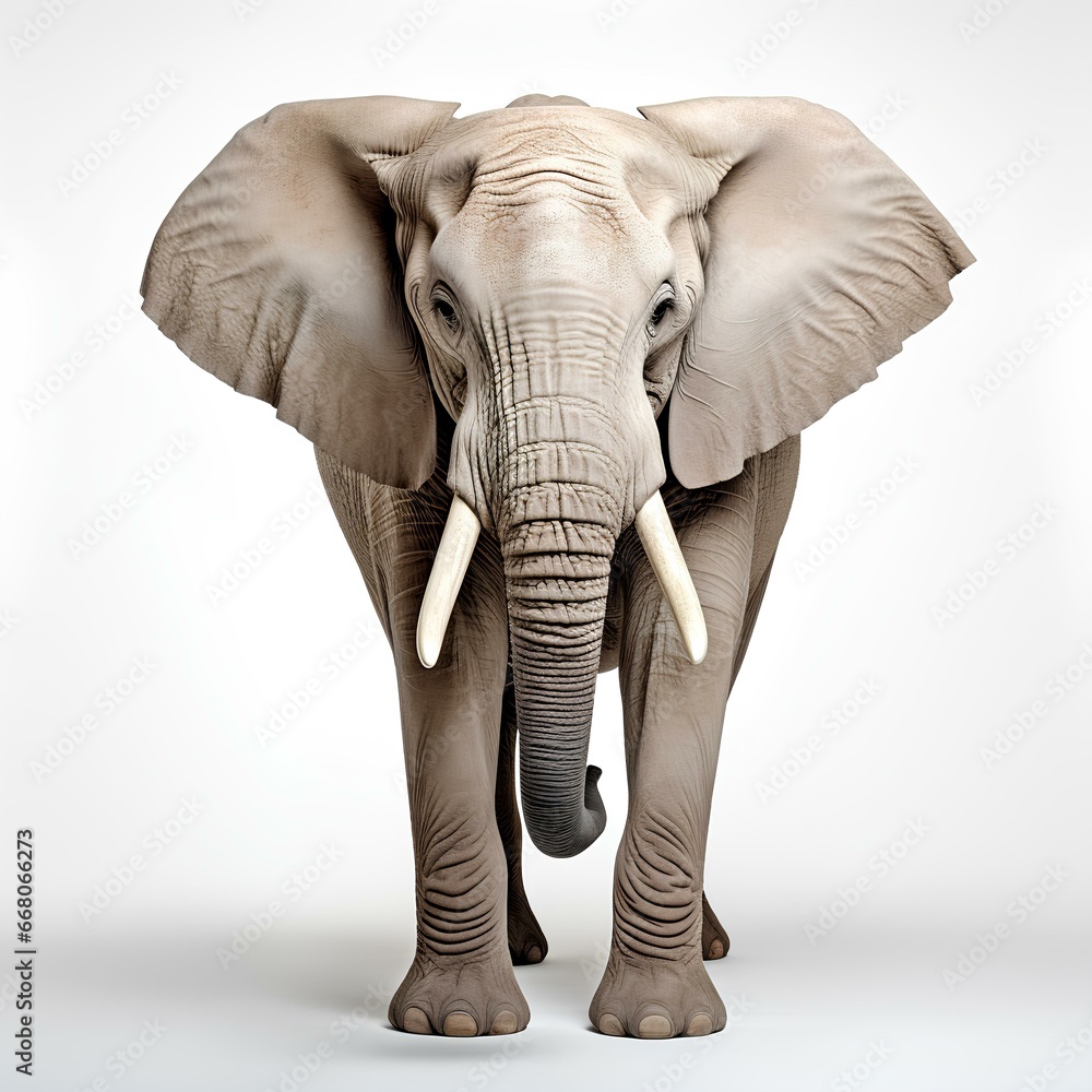 elephant isolated on white background. Elephant isolated with shadow. Elephant looking into the camera. Elephant isolated