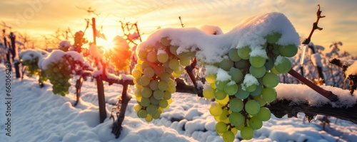 Wine grapes covered with snow on snowy vineyard after cold autumn season, panorama. Generative Ai