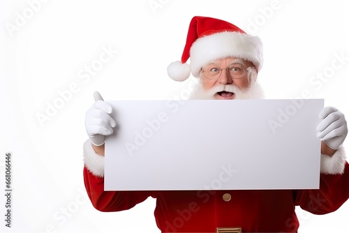 Suprised Santa Claus hold a blank advertisement banner © JetHuynh