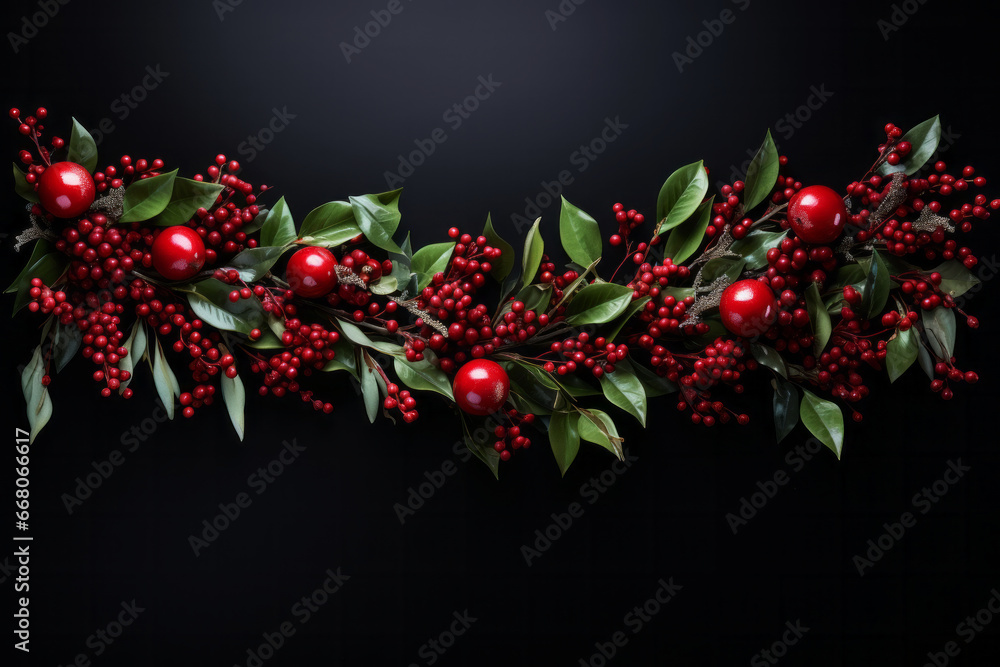 A vibrant festive garland of red berries and baubles ornaments intertwined with glossy green leaves on dark backdrop. Christmas holidays decoration concept