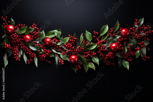 A vibrant festive garland of red berries and baubles ornaments intertwined with glossy green leaves on dark backdrop. Christmas holidays decoration concept