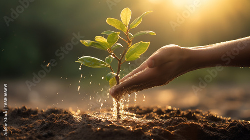 close up two hands holding water and watering young tree to growing up in park in sunset