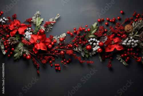 Festive garland border with red poinsettia flowers berries and evergreen leaves on dark backdrop. Christmas holiday decoration concept