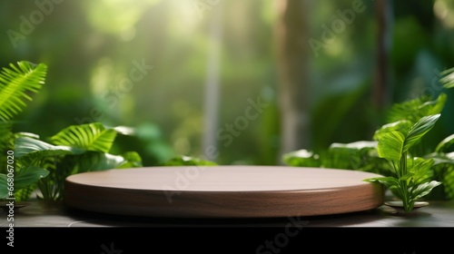 Wood podium table top outdoors blur green monstera tropical forest plant nature backgroundBeauty cosmetic healthy natural product placement pedestal displayspring or summer jungle paradise