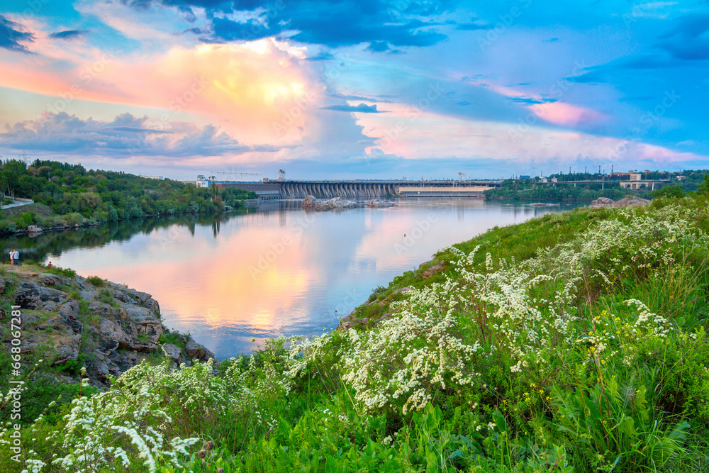 View of Dnieper river and Dniproges hydroelectric dam from Khortytsia island, Zaporizhzhia, Ukraine